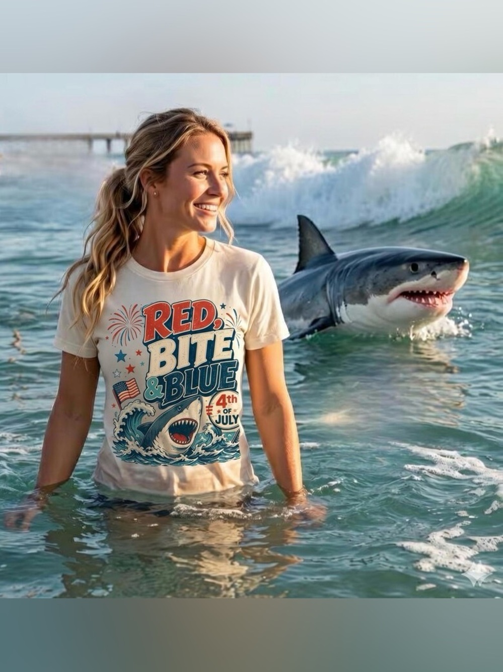 Red Bite & Blue Shark 4th of July Patriotic Custom Tee